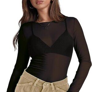 Y2K Sheer Mesh Long Sleeve Top – Black (Large)